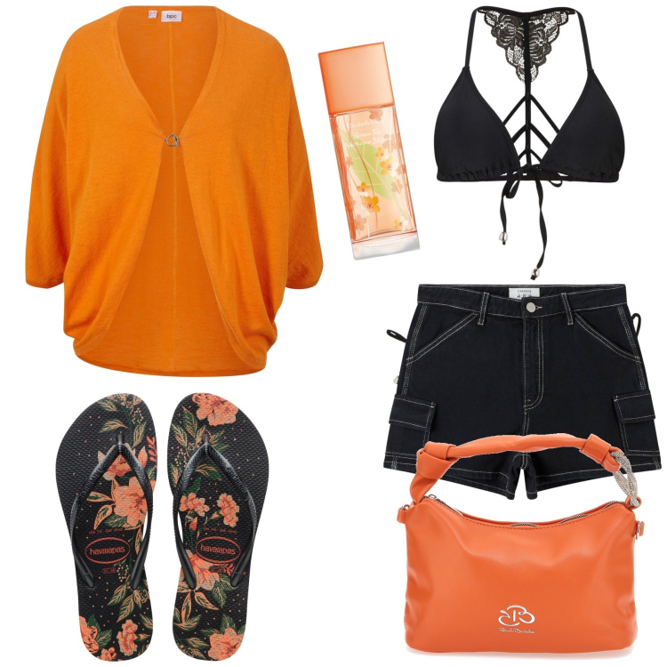 Outfit donna - Total look #1890788. Stile Basic per Mare. Abbinamento con bikini, cardigans, profumi, pantaloni corti, ciabatte, borse a mano.