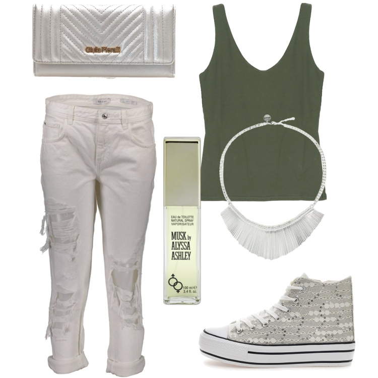 Outfit donna - Total look #1890810. Stile Urban per Tutti i giorni. Abbinamento con profumi, canottiere, collane, sneakers, jeans strappati, portafogli.