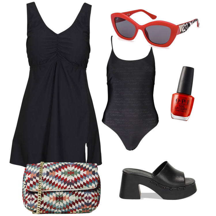 Outfit donna - Spiaggia e dopo spiaggia. Stile Glamour per Mare. Abbinamento con vestiti da spiaggia, smalti, zoccoli, pochette, costumi, occhiali da sole.