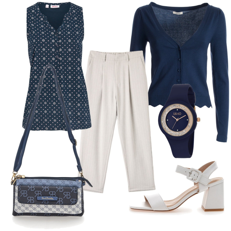 Outfit donna - Il caffè con le amiche. Stile Casual chic per Tutti i giorni. Abbinamento con top, pantaloni chino, cardigans, sandali col tacco, borse a tracolla, orologi.