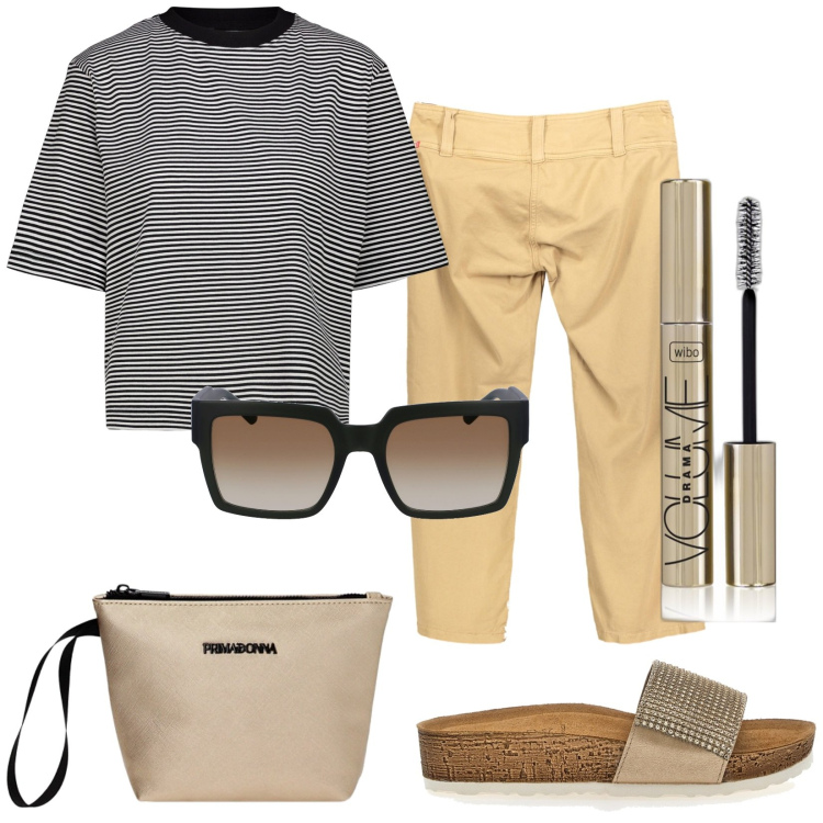 Outfit donna - Total look #1890832. Stile Trendy per Tutti i giorni. Abbinamento con mascara, valigie, pantaloni capri, ciabatte, t-shirt, occhiali da sole.