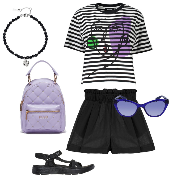 Outfit donna - I comodissimi sandali neri by pittarello. Stile Sporty chic per Tutti i giorni. Abbinamento con braccialetti, shorts, t-shirt, sandali, zaini, occhiali da sole.