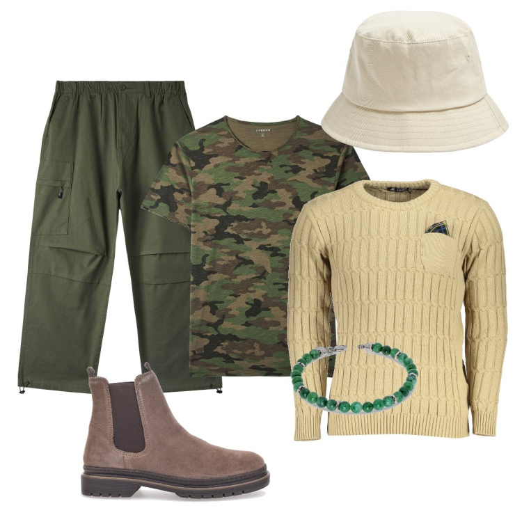 Outfit uomo - Total look #1890839. Stile Trendy per Tutti i giorni. Abbinamento con cappelli, t-shirt, pantaloni, stivali e stivaletti, maglieria, braccialetti.