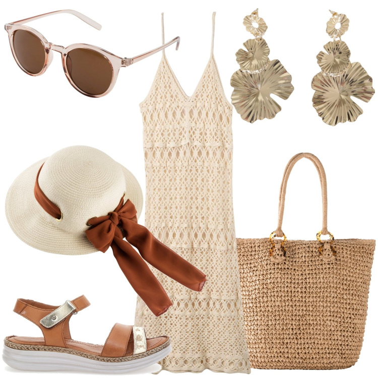 Outfit donna - Cuoio e pizzo. Stile Etnico per Tutti i giorni. Abbinamento con occhiali da sole, shopping bag, cappelli, vestiti lunghi, orecchini, sandali.