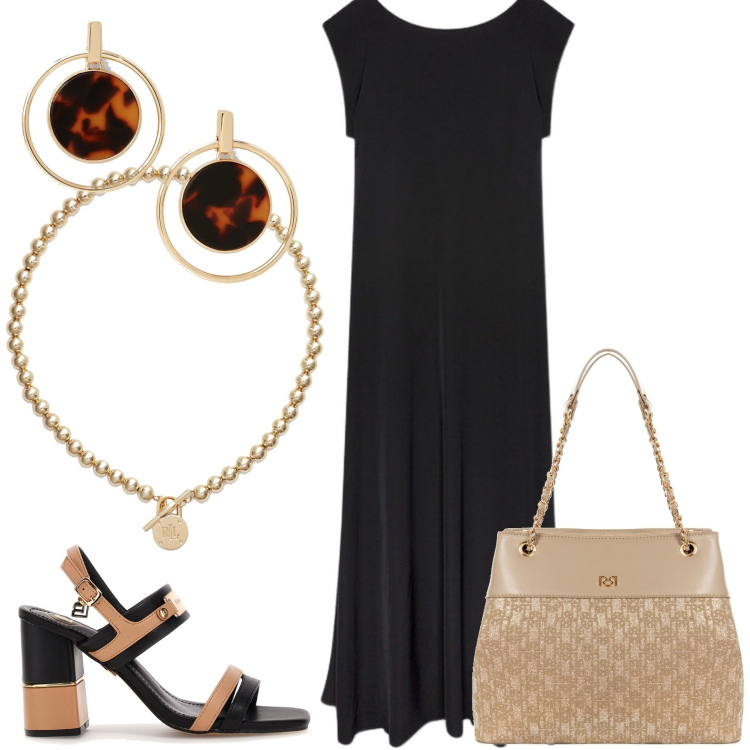 Outfit donna - Cena in terrazza. Stile Casual chic per Serata fuori. Abbinamento con borse a spalla, collane, orecchini, vestiti lunghi, sandali col tacco.