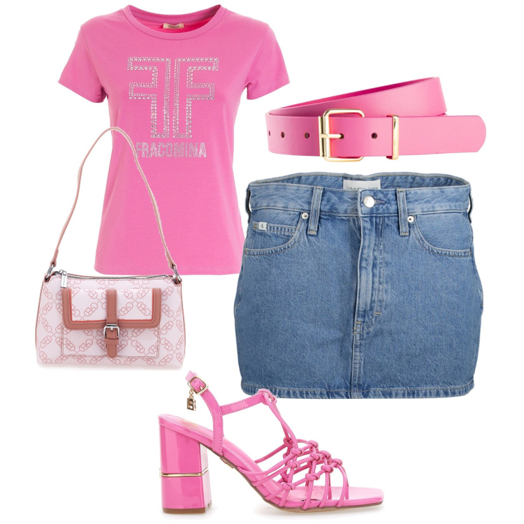 Outfit donna - Total look #1890877. Stile Casual chic per Tutti i giorni. Abbinamento con cinture, t-shirt, sandali col tacco, minigonne, borse a spalla.