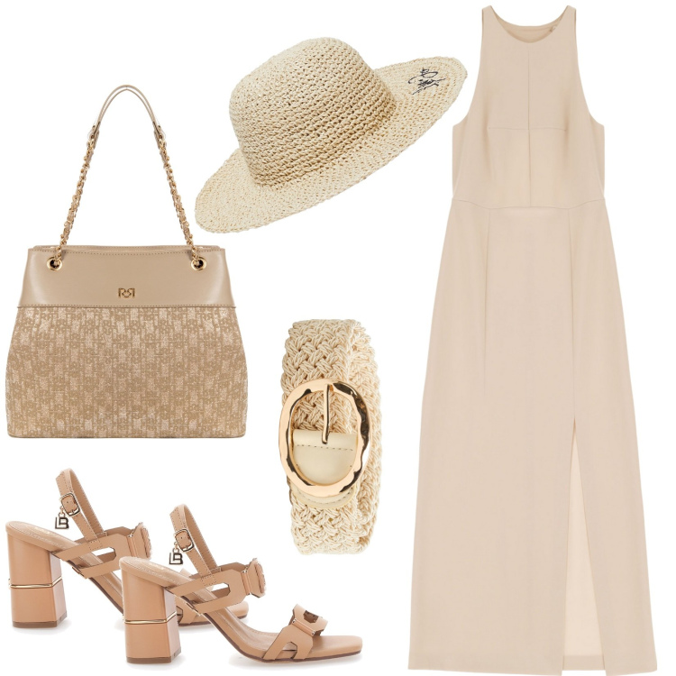 Outfit donna - Vacanze in beige. Stile Chic per Cerimonia. Abbinamento con cinture, borse a spalla, vestiti midi/longuette, sandali, cappelli.