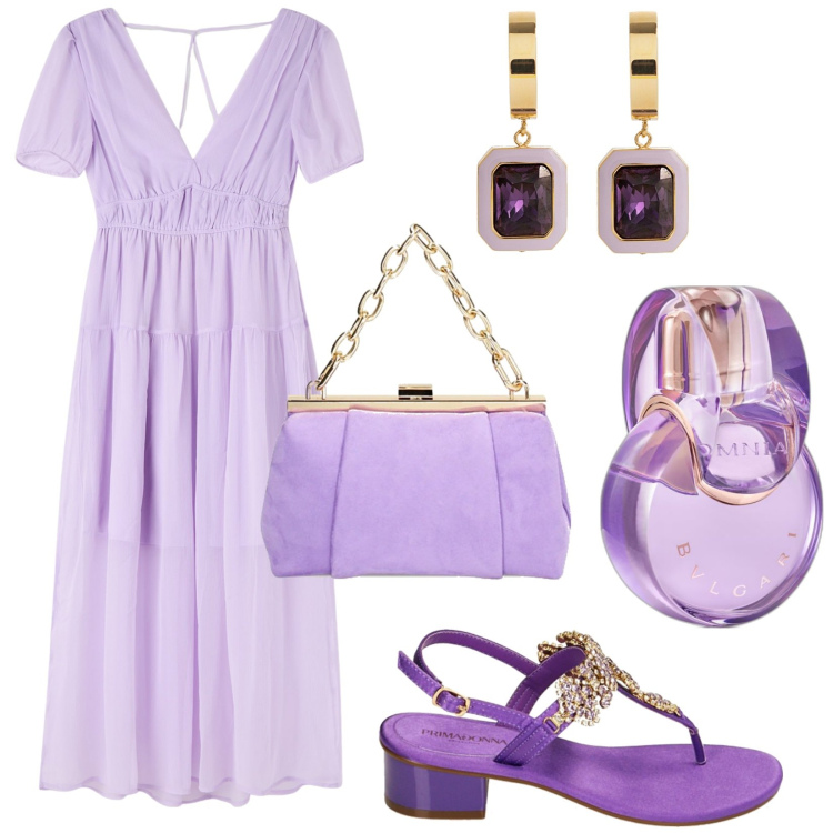 Outfit donna - Infradito gioiello. Stile Romantica per Serata fuori. Abbinamento con profumi, vestiti, ciabatte, borse a spalla, orecchini.
