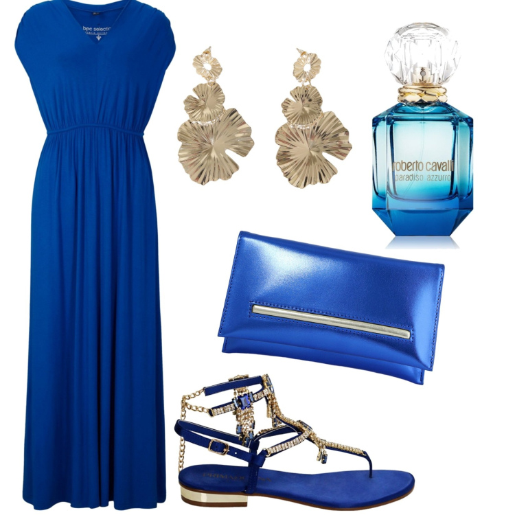 Outfit donna - Serata estiva. Stile Glamour per Serata fuori. Abbinamento con vestiti lunghi, profumi, pochette, ciabatte, orecchini.