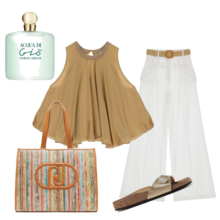 Outfit donna - Total look #1890929. Stile Chic per Serata fuori. Abbinamento con profumi, pantaloni a palazzo, top, shopping bag, sandali.