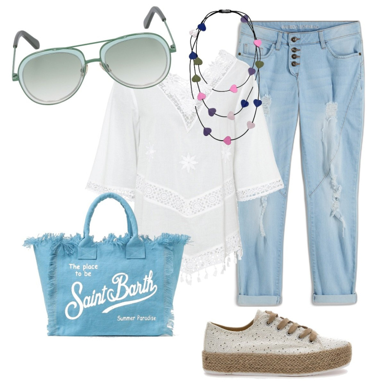 Outfit donna - Le espadrillas bianche ricamate. Stile Boho per Tutti i giorni. Abbinamento con tuniche, jeans boyfriend, collane, espadrillas, borse a spalla, occhiali da sole.