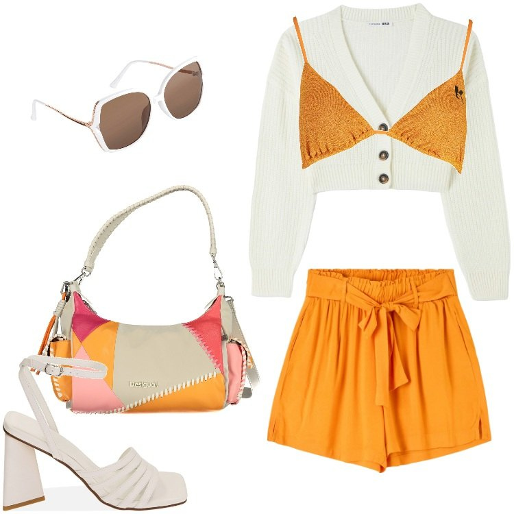 Outfit donna - Total look #1890943. Stile Trendy per Mare. Abbinamento con occhiali da sole, shorts, cardigans, sandali, borse a spalla, costumi.