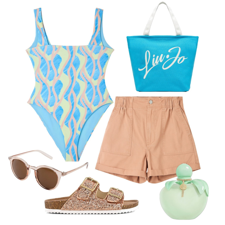 Outfit donna - Tutti al mare. Stile Trendy per Mare. Abbinamento con occhiali da sole, profumi, costumi interi, shorts, sandali, shopping bag.