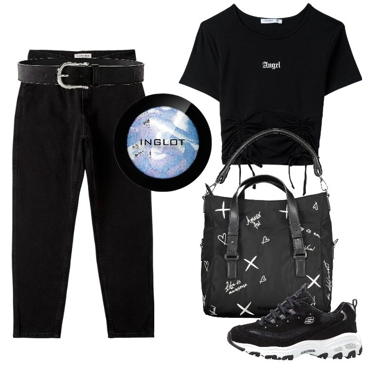 Outfit donna - Total Black. Stile Basic per Tutti i giorni. Abbinamento con cinture, scarpe sportive, ombretti, jeans mom, t-shirt, borse a spalla.