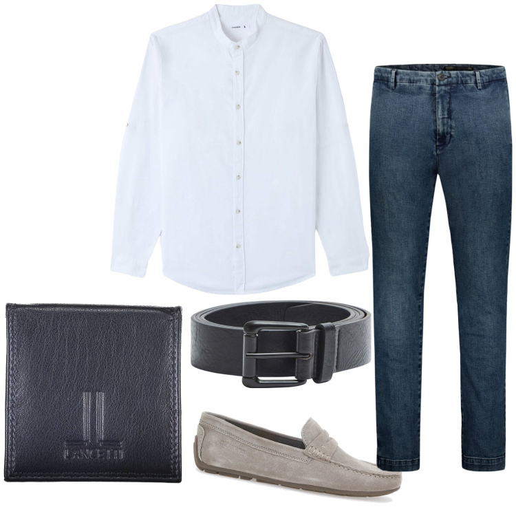 Outfit uomo - Jeans e camicia. Stile Trendy per Serata speciale. Abbinamento con camicie, cinture, scarpe stringate, jeans, portamonete.