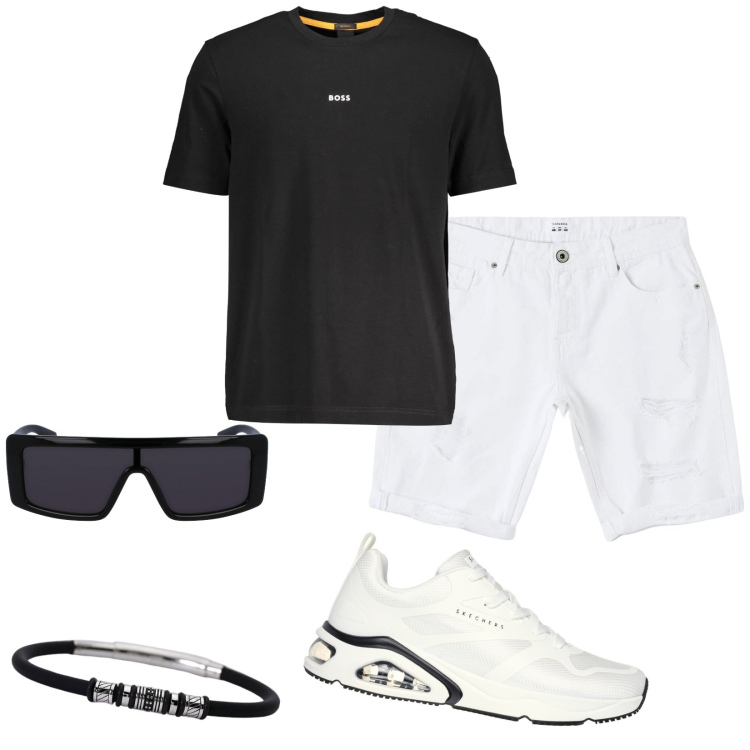 Outfit uomo - Supwr cool. Stile Trendy per Serata speciale. Abbinamento con bermuda, braccialetti, sneakers, occhiali da sole, t-shirt.