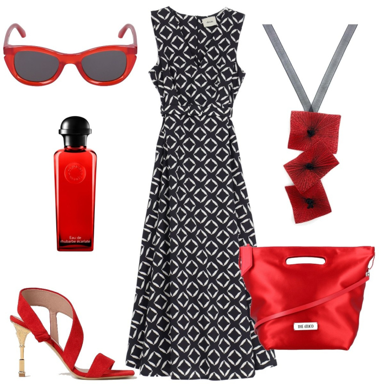 Outfit donna - Geometrie. Stile Chic per Tutti i giorni. Abbinamento con ciondoli, profumi, vestiti lunghi, borse a mano, occhiali da sole, sandali col tacco.