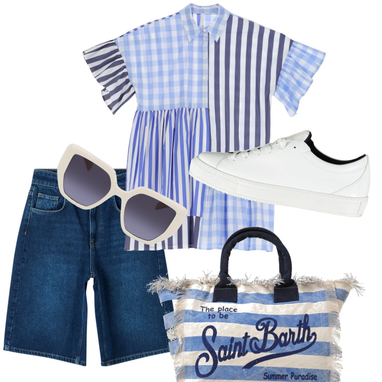 Outfit donna - Idee per l\' estate. Stile Casual per Tutti i giorni. Abbinamento con bermuda, vestiti corti, borse tote, sneakers, occhiali da sole.