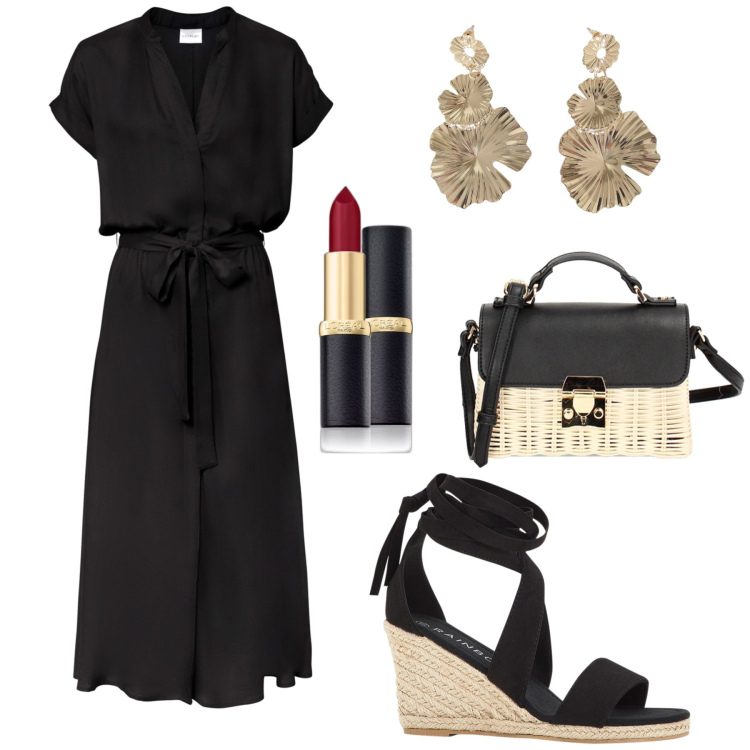 Outfit donna - Cena: pronta in un minuto. Stile Casual chic per Serata fuori. Abbinamento con vestiti chemisier, sandali, rossetti, borse a tracolla, orecchini.