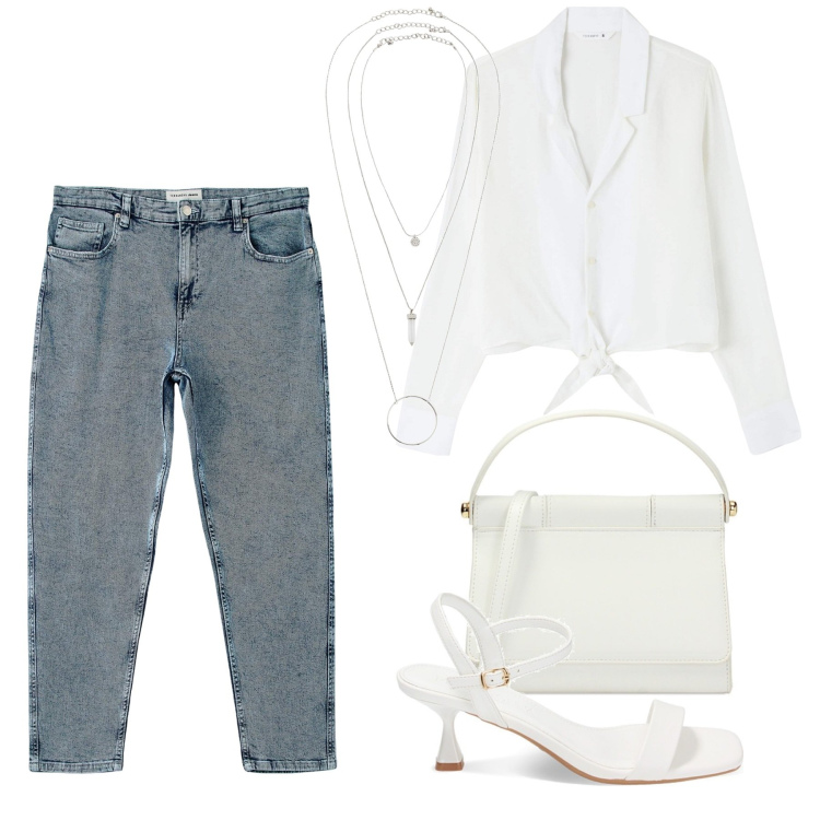 Outfit donna - Total look #1891043. Stile Basic per Tutti i giorni. Abbinamento con ciondoli, camicie, jeans mom, pochette, sandali col tacco.