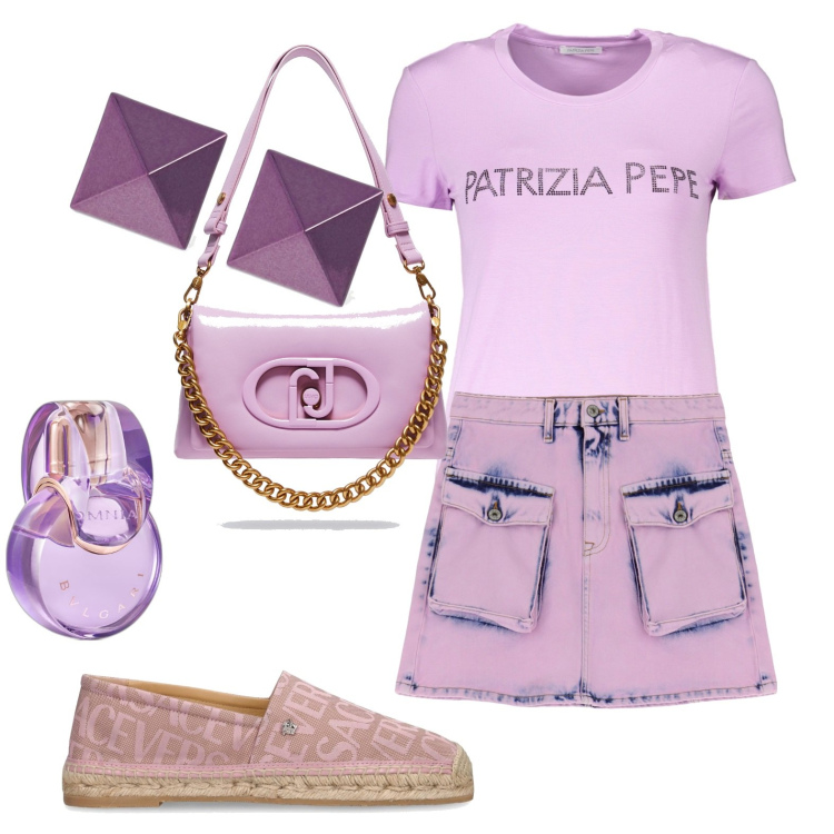 Outfit donna - Unicolor. Stile Casual per Tutti i giorni. Abbinamento con profumi, minigonne, espadrillas, t-shirt, orecchini, borse a tracolla.