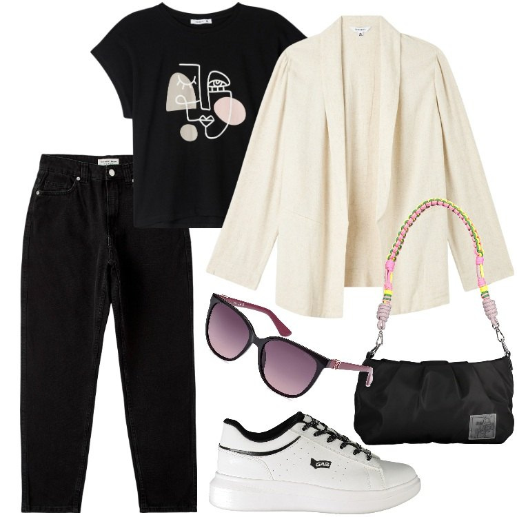 Outfit donna - Total look #1891046. Stile Trendy per Tutti i giorni. Abbinamento con blazer, jeans mom, t-shirt, sneakers, borse a spalla, occhiali da sole.