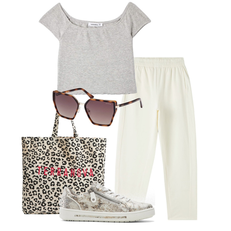 Outfit donna - Pomeriggio. Stile Casual per Tutti i giorni. Abbinamento con sneakers, t-shirt, pantaloni, shopping bag, occhiali da sole.