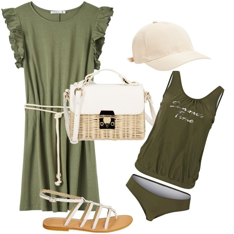 Outfit donna - Total look #1891061. Stile Trendy per Mare. Abbinamento con costumi interi, cappelli, vestiti, borse a tracolla, sandali in pelle.