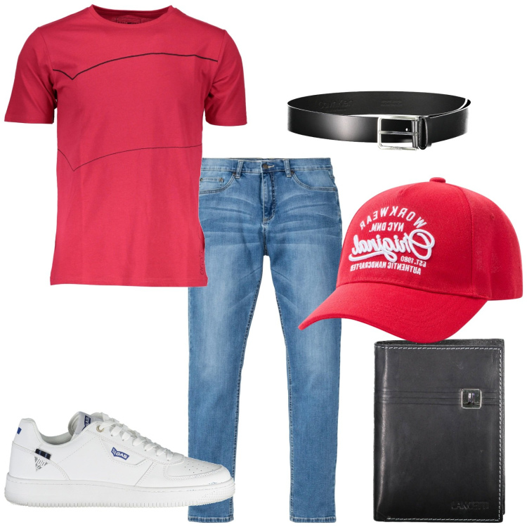 Outfit uomo - Total look #1891065. Stile Casual per Tutti i giorni. Abbinamento con jeans, cappelli, t-shirt, cinture, scarpe sportive, portafogli.