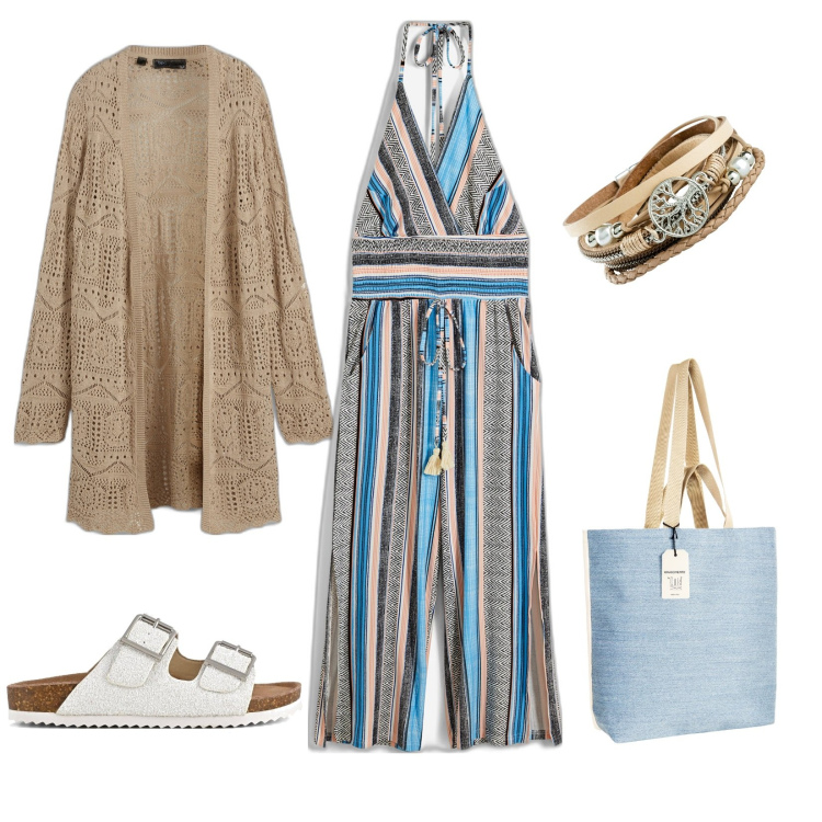 Outfit donna - Tuta multicolor. Abbinamento con cardigans, braccialetti, tute, borse tote, sandali.