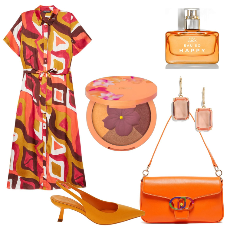 Outfit donna - Vento d\'estate.. Stile Bon Ton per Tutti i giorni. Abbinamento con ombretti, profumi, décolleté, orecchini, vestiti lunghi, borse a tracolla.