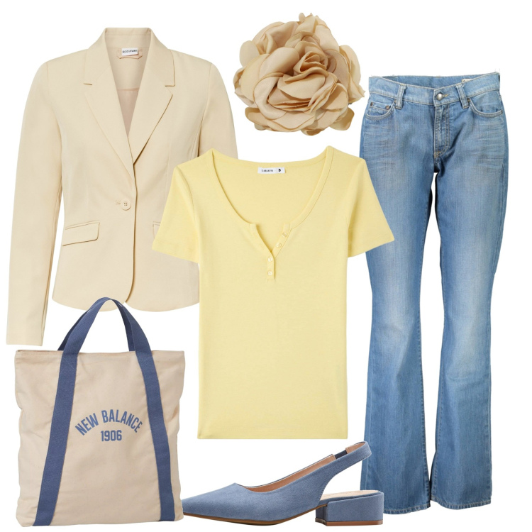 Outfit donna - Il fiore. Stile Casual chic per Tutti i giorni. Abbinamento con décolleté, blazer, t-shirt, borse a mano, braccialetti, jeans dritti.