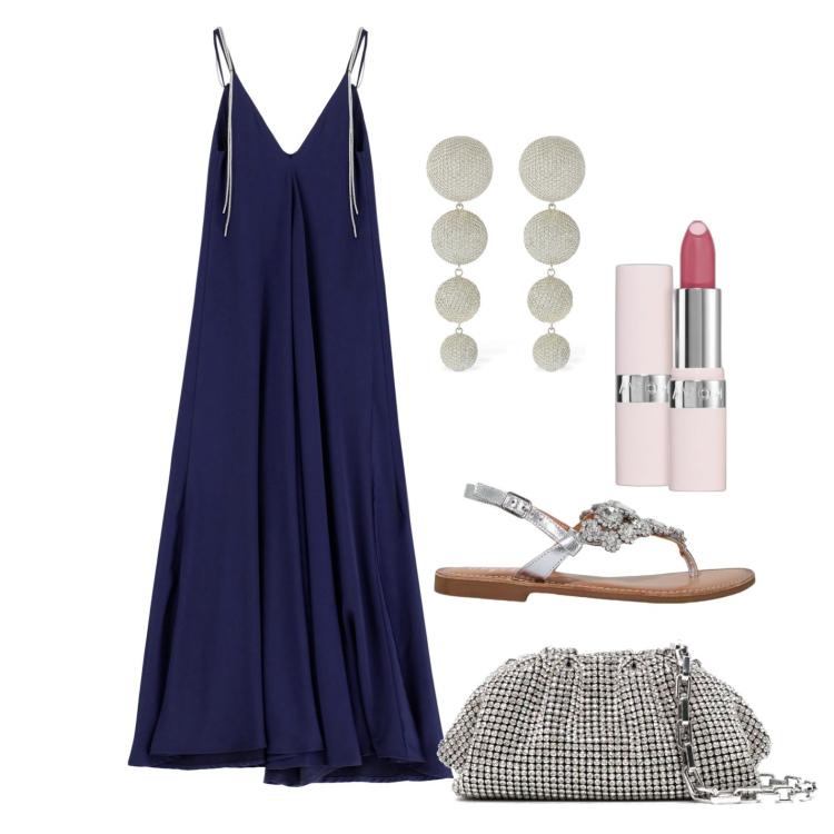 Outfit donna - Ghost outfitter - giugno. Stile Glamour per Serata fuori. Abbinamento con rossetti, vestiti lunghi, sandali, clutch, orecchini.