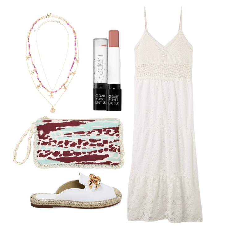 Outfit donna - Ghost outfitter - giugno. Stile Trendy per Serata fuori. Abbinamento con ciondoli, rossetti, vestiti lunghi, sabot, pochette.