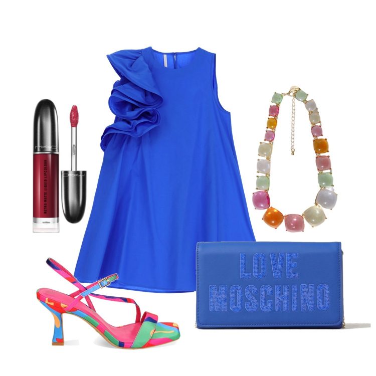Outfit donna - Ghost outfitter - giugno. Stile Trendy per Cerimonia. Abbinamento con rossetti, vestiti corti, sandali col tacco, collane, borse a tracolla.