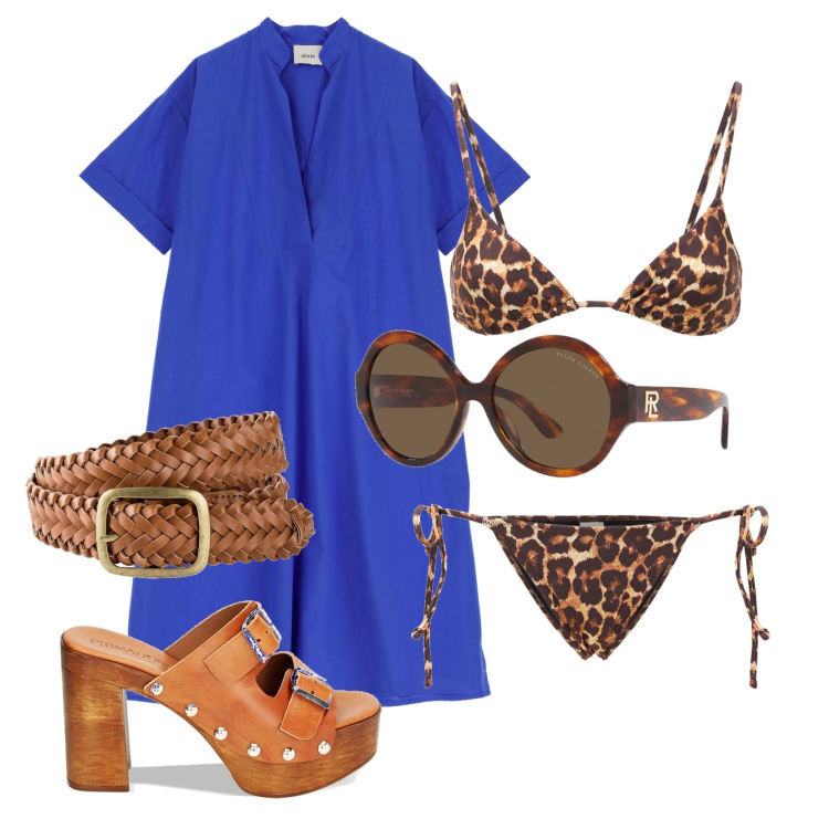 Outfit donna - Ghost outfitter - giugno. Stile Trendy per Mare. Abbinamento con cinture, vestiti midi/longuette, zoccoli, occhiali da sole, bikini, bikini.
