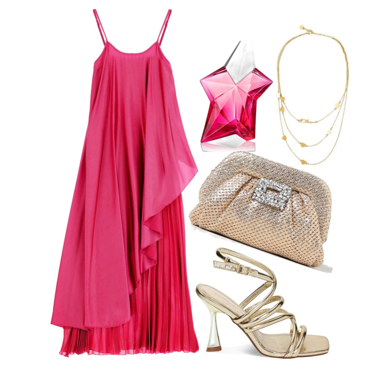 Outfit donna - Ghost outfitter - giugno. Stile Glamour per Cerimonia. Abbinamento con collane, profumi, sandali col tacco, vestiti lunghi, clutch.