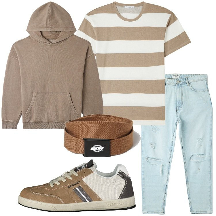 Outfit uomo - Drive in. Stile Casual per Serata speciale. Abbinamento con t-shirt, jeans strappati, felpe con cappuccio, scarpe sportive, cinture.