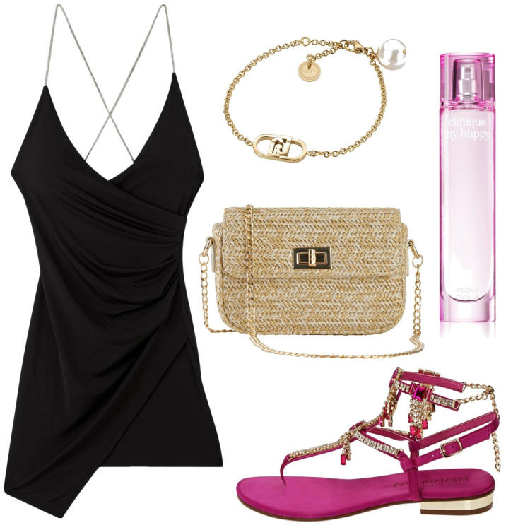 Outfit donna - Profumo d\'estate. Stile Trendy per Serata fuori. Abbinamento con borse a mano, profumi, vestiti asimmetrici, ciabatte, braccialetti.