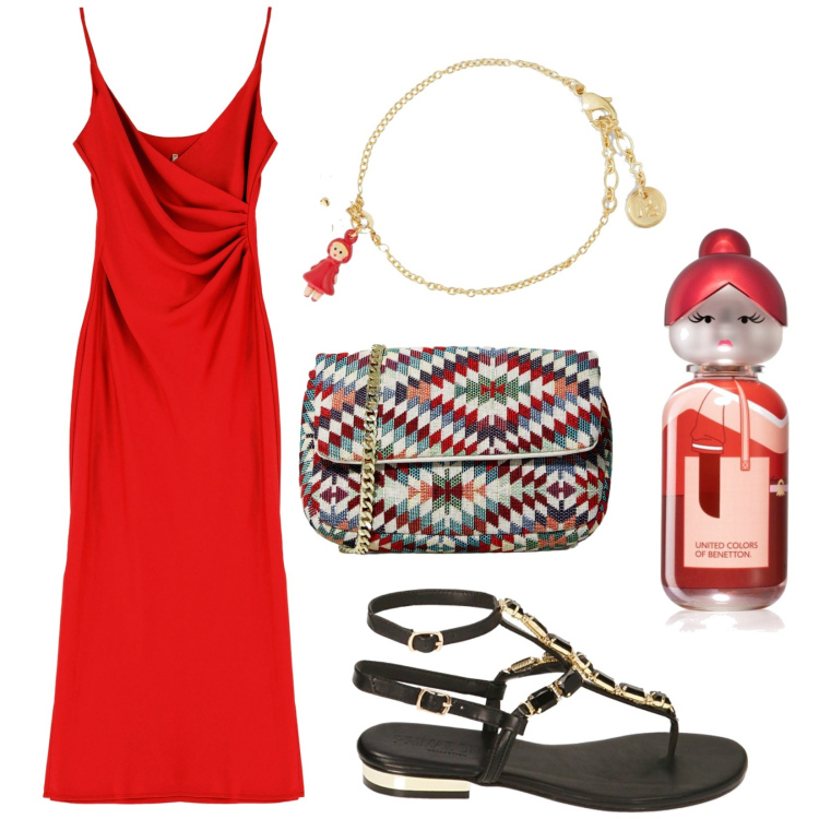 Outfit donna - Rosso di sera. Stile Glamour per Serata fuori. Abbinamento con braccialetti, profumi, vestiti midi/longuette, ciabatte, pochette.