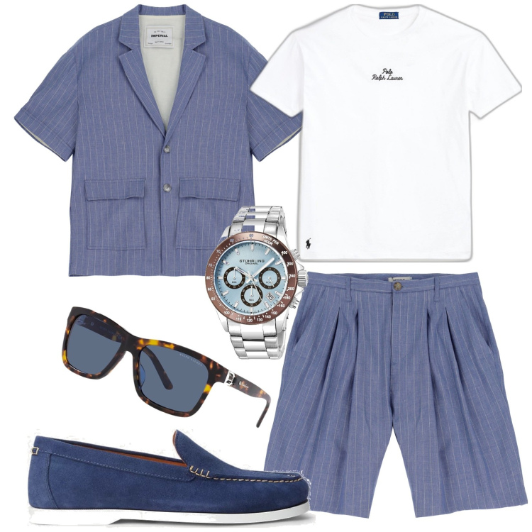 Outfit uomo - Fresca comodità. Stile Casual per Tutti i giorni. Abbinamento con orologi, bermuda, giacche, scarpe stringate, t-shirt, occhiali da sole.