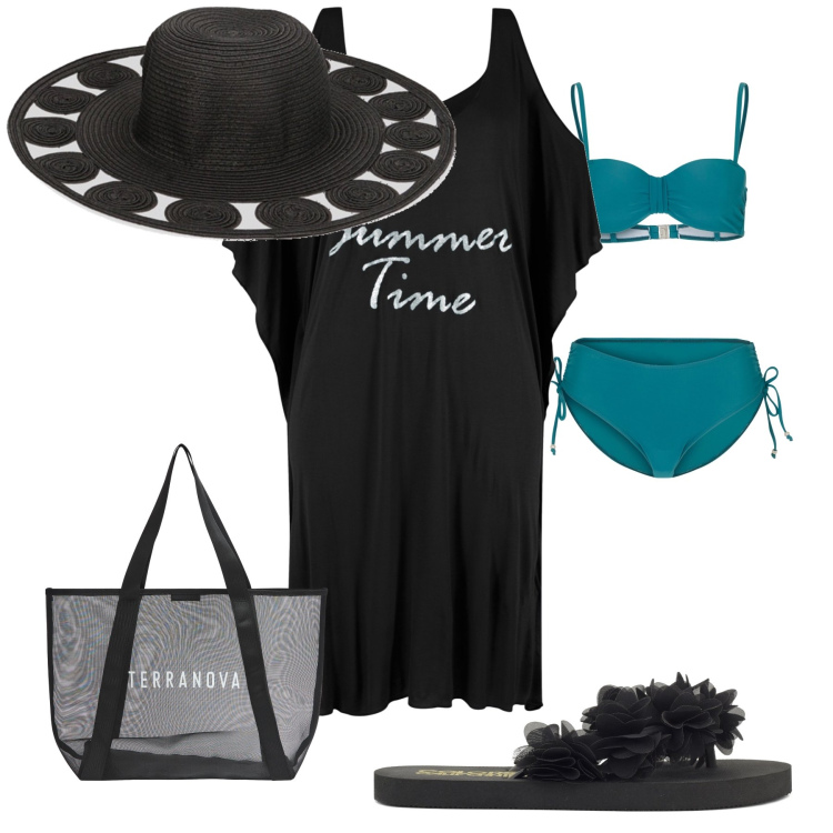 Outfit donna - Direction beach. Stile Trendy per Mare. Abbinamento con bikini, vestiti da spiaggia, shopping bag, cappelli, infradito.
