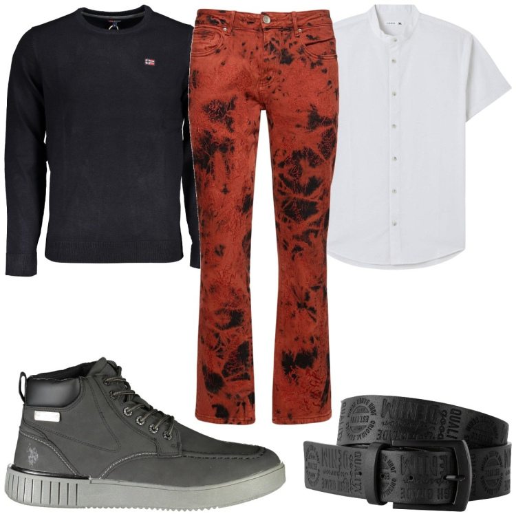 Outfit uomo - Total look #1891216. Stile Trendy per Tutti i giorni. Abbinamento con cinture, camicie a manica corta, jeans dritti, stivali, maglieria.