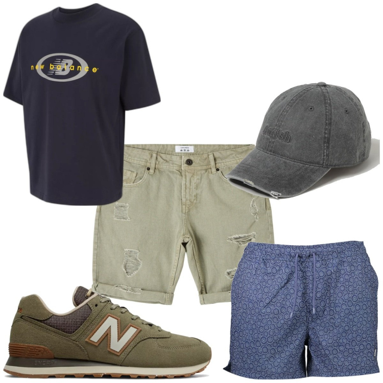 Outfit uomo - Total look #1891219. Stile Trendy per Mare. Abbinamento con bermuda, t-shirt, sneakers, costumi, cappelli.