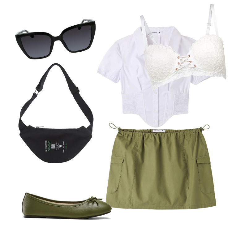 Outfit donna - Total look. Stile Basic per Tutti i giorni. Abbinamento con ballerine, reggiseni a balconcino, marsupi, minigonne, camicie a manica corta, occhiali da sole.