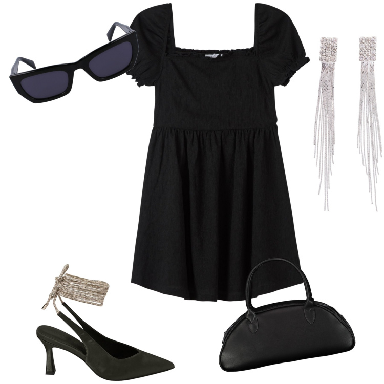 Outfit donna - Bon genre bon chic. Stile Chic per Serata fuori. Abbinamento con orecchini, vestiti corti, décolleté, borse a spalla, occhiali da sole.
