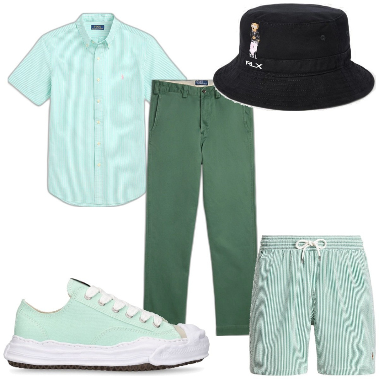 Outfit uomo - Total look #1891261. Stile Trendy per Mare. Abbinamento con pantaloni, cappelli, camicie a manica corta, costumi, sneakers.
