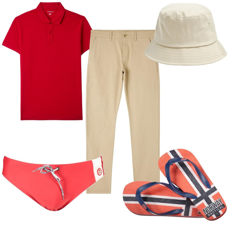 Outfit uomo - Total look #1891263. Stile Trendy per Mare. Abbinamento con cappelli, polo, pantaloni chino, sandali, costumi.