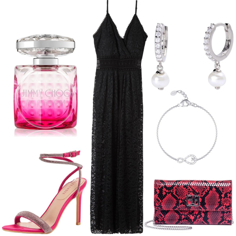Outfit donna - Total look #1891270. Stile Glamour per Serata fuori. Abbinamento con profumi, orecchini, braccialetti, vestiti lunghi, sandali col tacco, pochette.