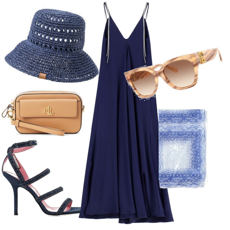 Outfit donna - Serate estive. Stile Chic per Serata fuori. Abbinamento con vestiti lunghi, pochette, cappelli, occhiali da sole, sandali col tacco, sciarpe.